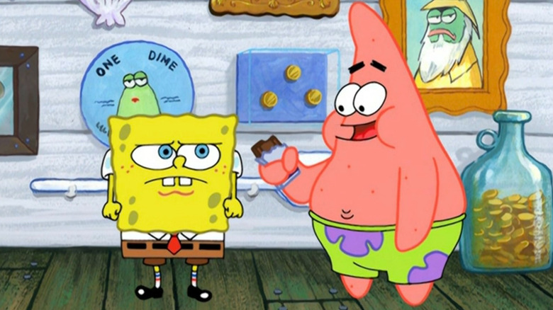 Patrick offering SpongeBob a chocolate bar