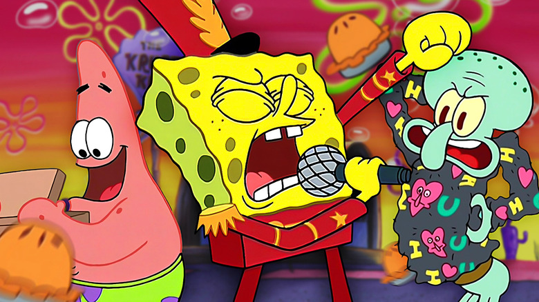 SpongeBob SquarePants singing next to Patrick and Squidward