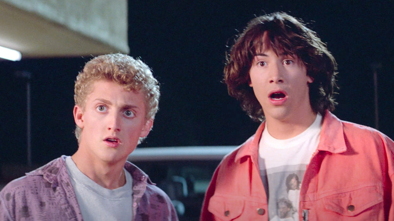 Alex Winter as Bill and Keanu Reeves as Ted look shocked in Bill & Ted's Excellent Adventure