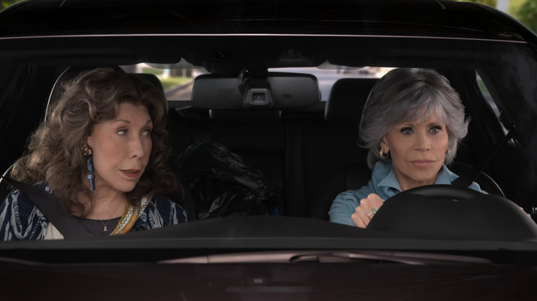 Grace (Jane Fonda) driving with Frankie (Lily Tomlin) on Grace and Frankie