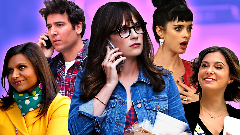 Collage of Jess Day (Zooey Deschanel) in the middle of Mindy Lahiri (Mindy Kaling), Ted Mosby (Josh Radnor), Chloe (Krysten Ritter), and Rebecca (Rachel Bloom)