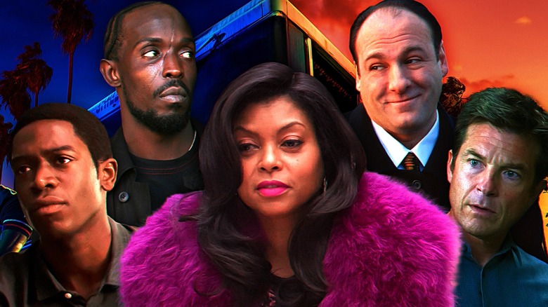 Composite image of Taraji P. Henson's Cookie Lyon in Empire, James Gandolfini's Tony Soprano in The Sopranos, Michael K. Williams' Omar Little in The Wire, Jason Bateman's Marty Byrde in Ozark, and Damson Idris' Franklin Saint in Snowfall