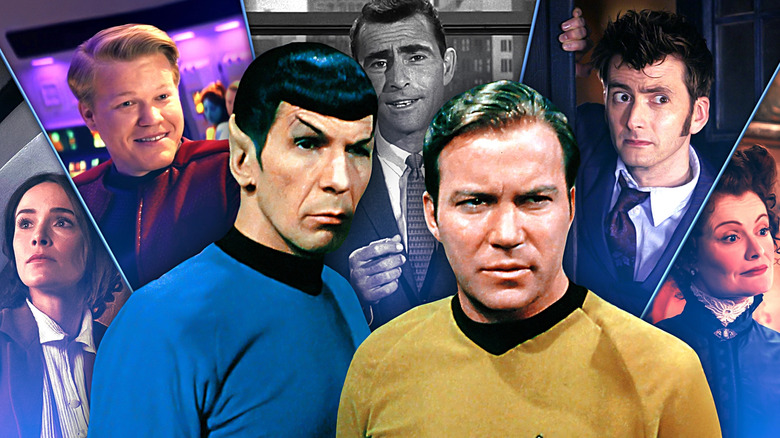 Leonard Nimoy as Mr. Spock and William Shatner as Captain Kirk from Star Trek: The Original Series stand and look ahead in front of a backdrop that has Abigail Spencer as Lucy Preston looking toward the left on Timeless, Jesse Plemons as Robert Daly smiling in his captain's uniform on Black Mirror, Rod Serling as himself looking ahead on The Twilight Zone, David Tennant as Doctor Who peeking through the doorway of the TARDIS on Doctor Who, and Rebecca Wisocky as Hetty Woodstone looking toward the right on the CBS version of Ghosts