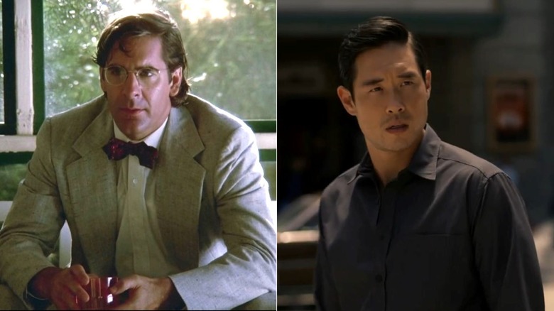 Scott Bakula as Dr. Sam Beckett sits in a suit and bowtie on the right on Quantum Leap in 1989 and Raymond Lee as Dr. Ben Song stands in a charcoal dress shirt on Quantum Leap in 2022