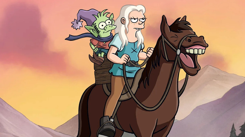 Bean (Abbi Jacobson) and Elfo (Nat Faxon) ride a braying horse on Disenchantment