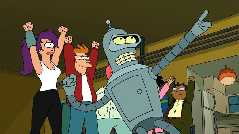 Bender (John DiMaggio) points up as his friends celebrate on Futurama