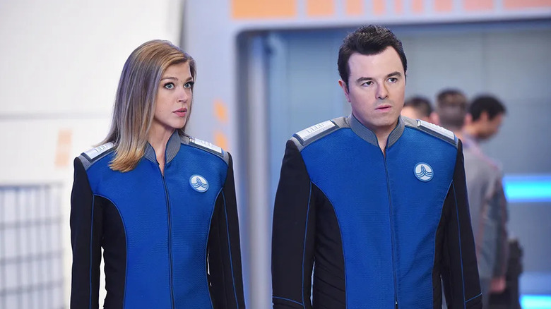 Kelly Grayson (Adrianne Palicki) stands next to Ed Mercer (Seth MacFarlane) on The Orville