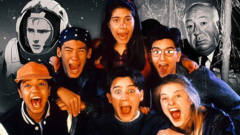 The cast of Are You Afraid of the Dark edited against images of Alfred Hitchcock and the series Love Death and Robots