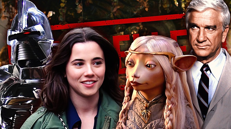 Linda Cardellini in Freaks and Geeks, a cylon from the 1978 Battlestar Galactica, Leslie Nielsen from Police Squad, and a puppet from Dark Crystal: Age of Resistance