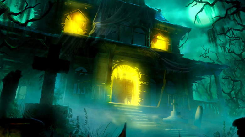 spooky haunted house glowing yellow