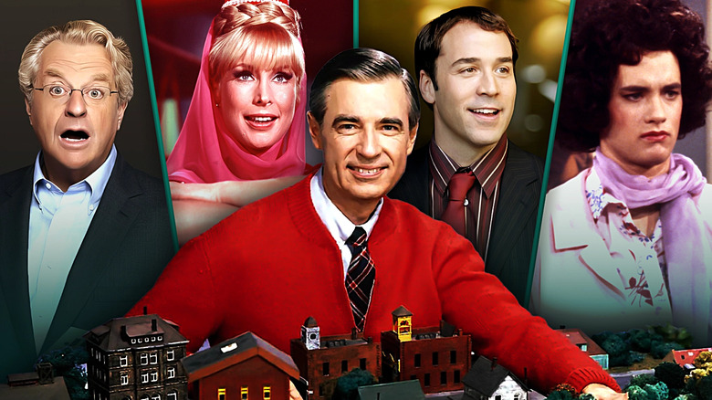 Mr. Rogers surrounding by Jerry Springer, Jeannie, Ari Gold, and Kip Wilson