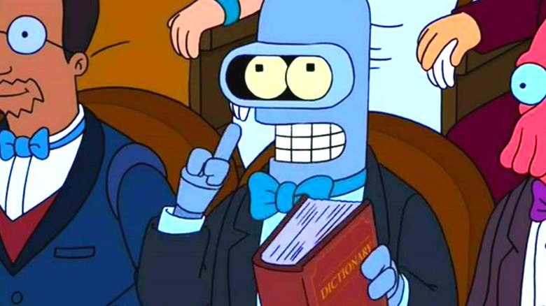 Bender holding up a finger with a dictionary in his other hand