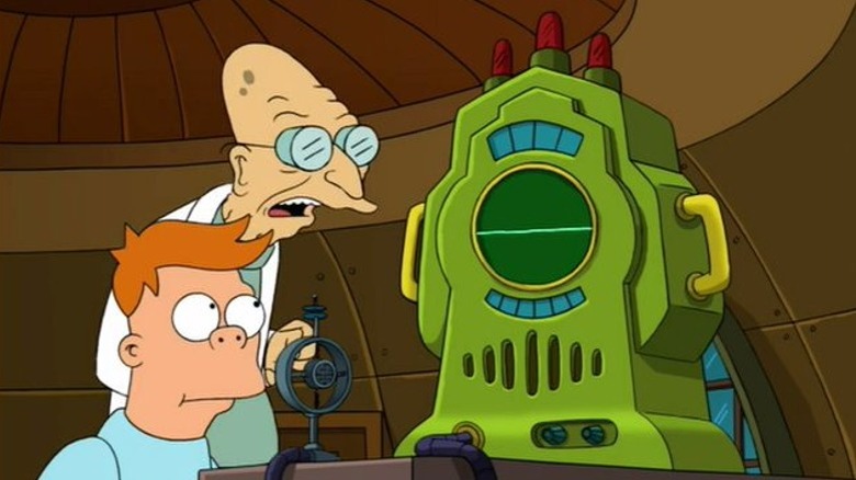 Professor Farnsworth and Cubert look at the universal translator