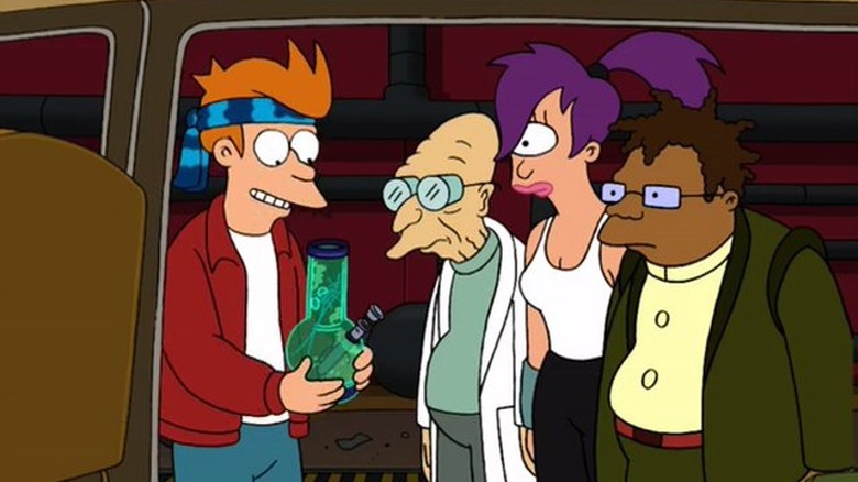 Fry shows a bong to Professor Farnsworth, Leela, and Hermes