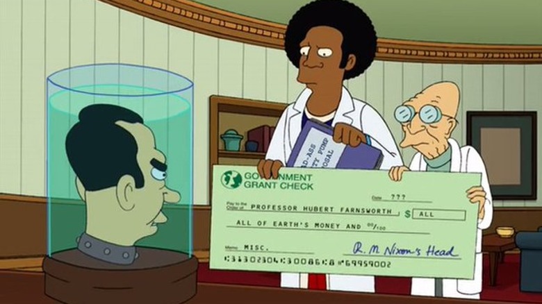 Tate and Professor Farnsworth standing before Richard Nixon's Head with a check for all of Earth's money