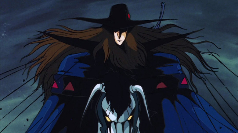 A man with big hat rides a robot horse in Vampire Hunter D