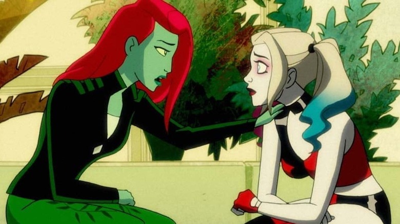 Poison Ivy consoles Harley Quinn