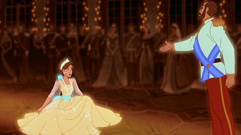 Tsar Nicholas extends a hand to the curtseying Anastasia in a fantasy sequence