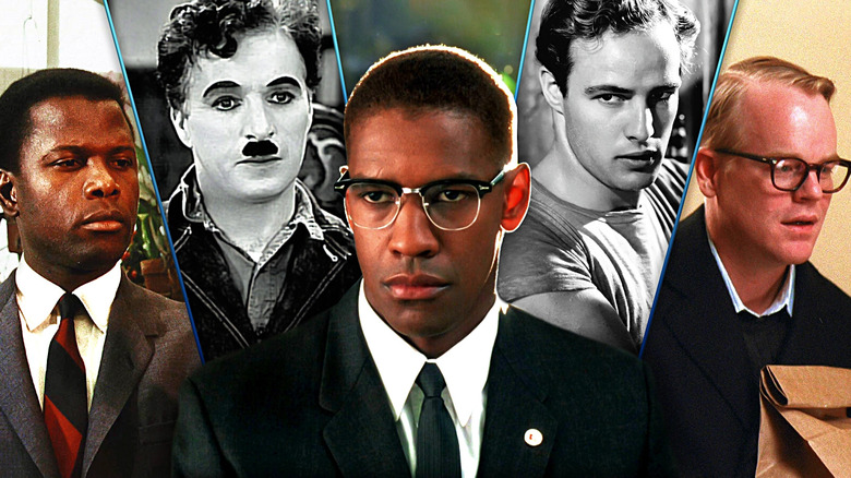 A collage of Marlon Brando in A Streetcar Named Desire, Denzel Washington in Malcolm X, Philip Seymour Hoffman in Capote, Charlie Chaplin in Modern Times, Sidney Poitier in In the Heat of the Night