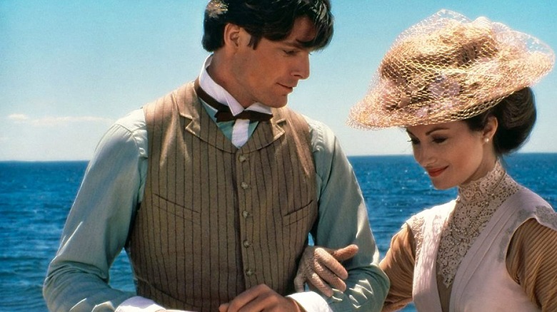 Christopher Reeve and Jane Seymour standing on beach