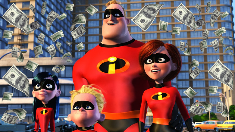 The Incredibles surrounded by falling money