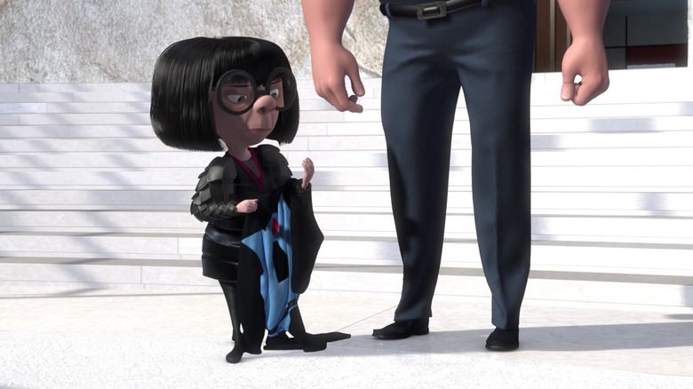 Edna Mode eying Mr. Incredible's supersuit in The Incredibles