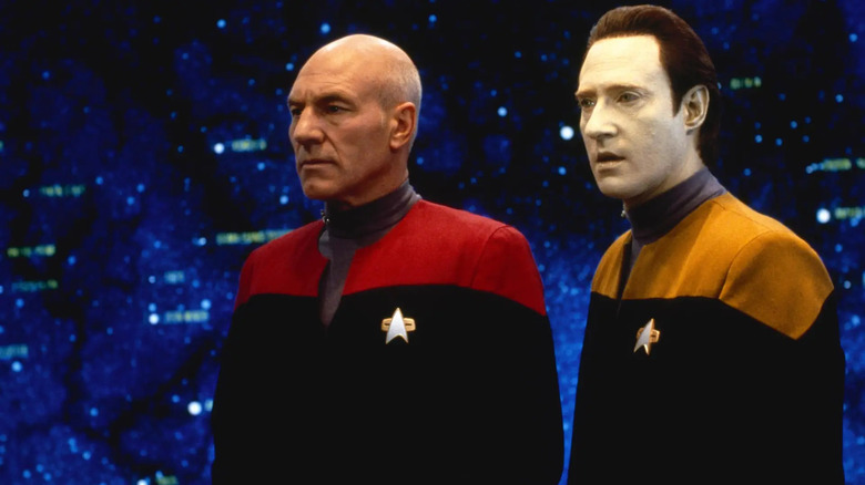 Patrick Stewart as Picard and Brent Spiner as Data looking in shock in Star Trek: Generations