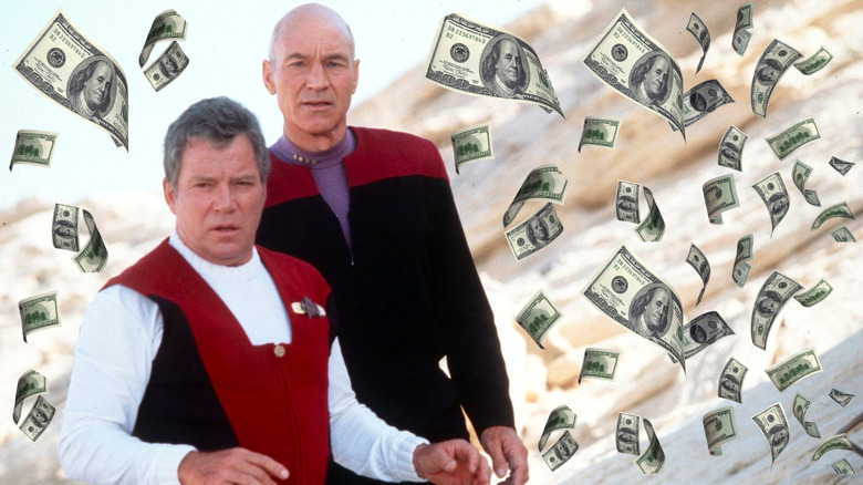 William Shatner as Kirk and Patrick Stewart as Picard surrounded by money in Star Trek: Generations