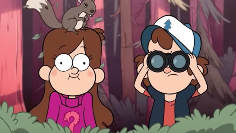 Gravity Falls kids binoculars and squirrel on head