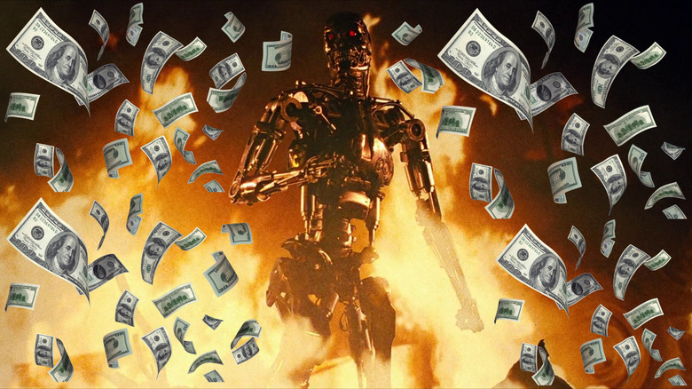 The T-800 surrounded by money in The Terminator