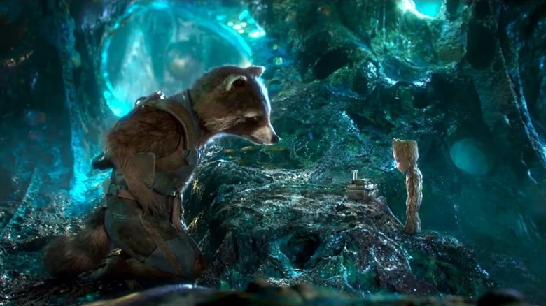 Rocket and Groot in galactic cave