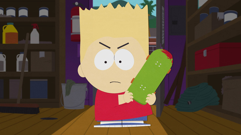 Bart Simpson as he appeared on South Park, holding a bloody skateboard in a shed.