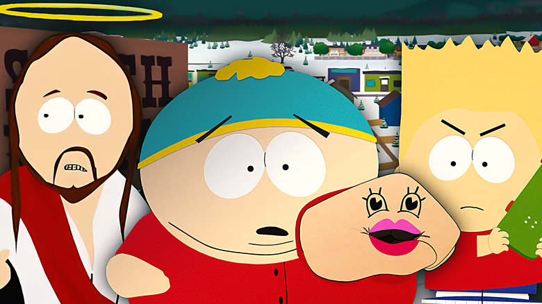 A collage of characters from South Park, including Jesus Christ, Cartman, Jennifer Lopez, and Bart Simpson.