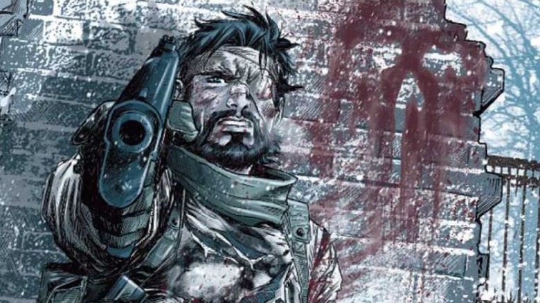 Punisher with beard and bandaged eye pointing his firearm