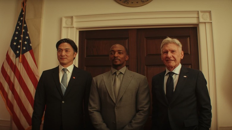 Anthony Mackie's Sam Wilson and Harrison Ford's President Ross taking a photo with the president of Japan in Captain America: Brave New World