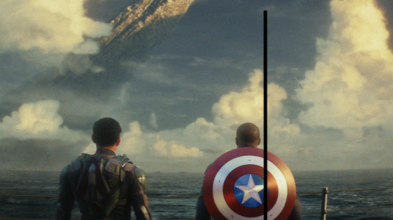 Danny Ramirez's Joaquin and Anthony Mackie's Sam Wilson staring at Celestial Island in Captain America: Brave New World