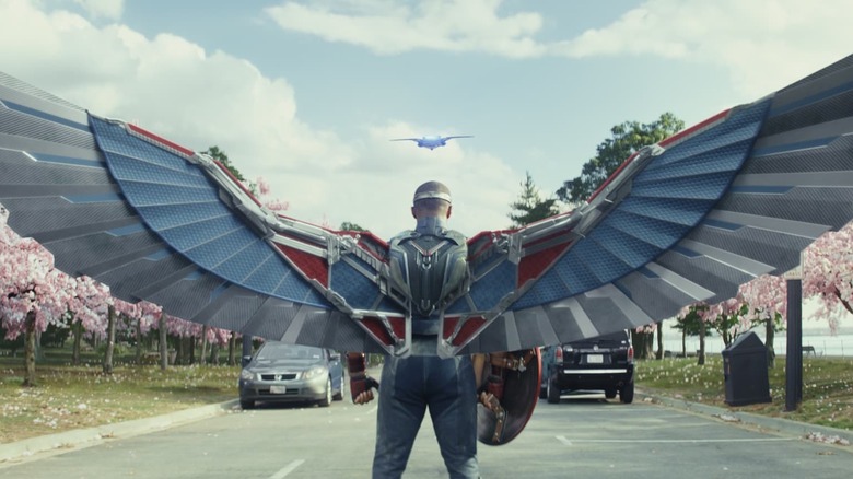 Anthony Mackie's Sam Wilson in his new costume with the wings extended in Captain America: Brave New World