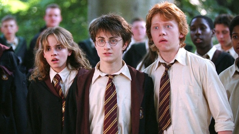 Hermione Harry and Ron looking shocked in Harry Potter and the Prisoner of Azkaban