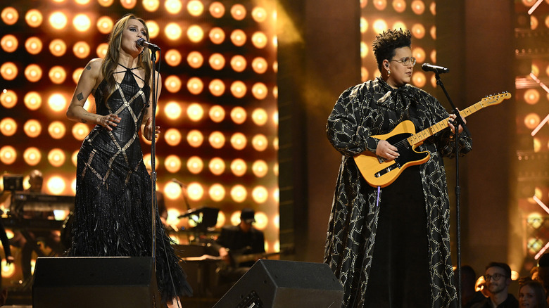 Miley Cyrus and Brittany Howard performing at SNL 50: The Homecoming Concert