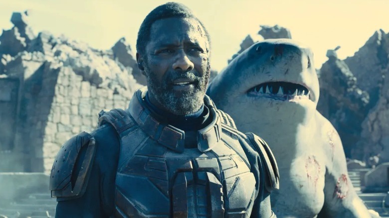 Idris Elba and King Shark on a day at work.