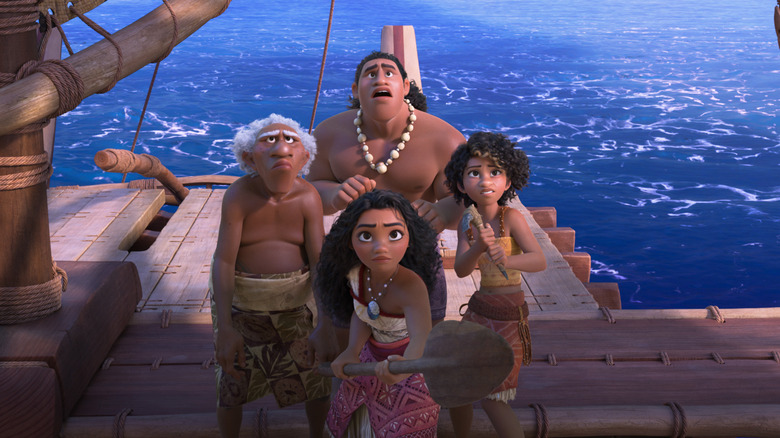 Moana, Kele, Moni, and Lotto on the canoe at sea in Moana 2