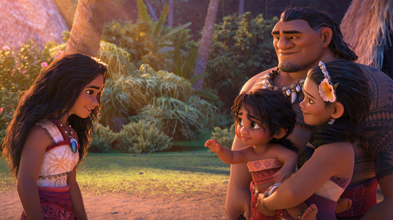 Moana saying goodbye to her family on the island in Moana 2