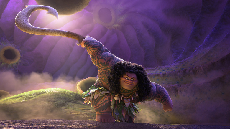 Maui holding Manaiakalani in a heroic pose