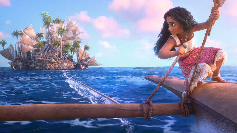 Moana steering her ship to the Kakamora Island in Moana 2