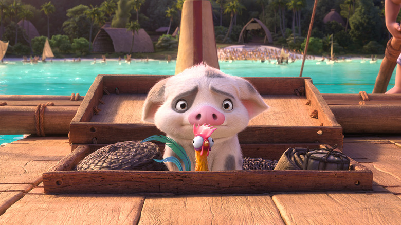 Pua and Heihei on Moana's boat looking nervous