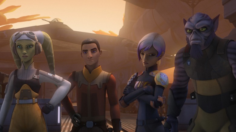 Hera, Ezra, Sabine, and Zeb, on a dusty world