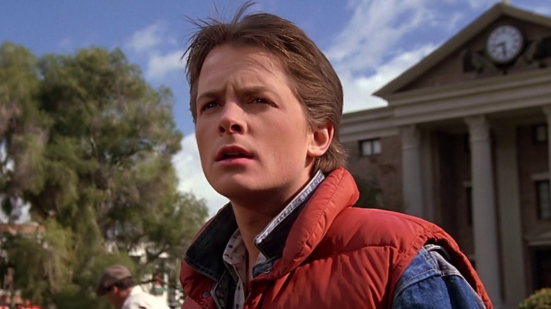 Marty McFly ponders in front of city hall