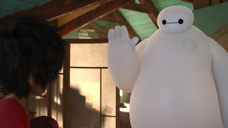 Inflatable robot Baymax greets kid