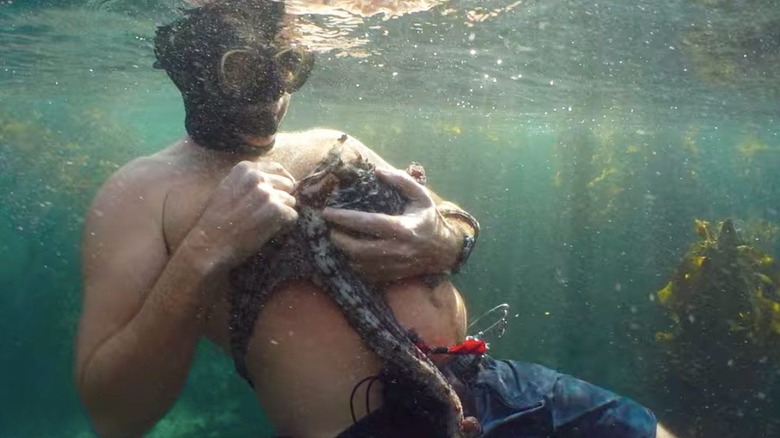 Man snuggles octopus