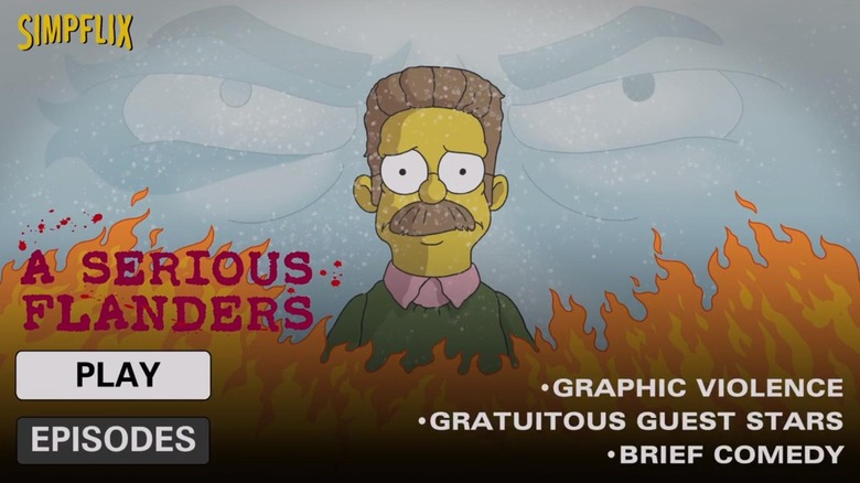 Ned Flanders surrounded by flames in A Serious Flanders poster in The SImpsons